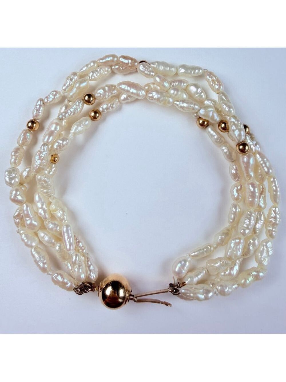 14K Solid Yellow Gold & Freshwater Keisha Pearl Multi Strand Vintage Bracelet